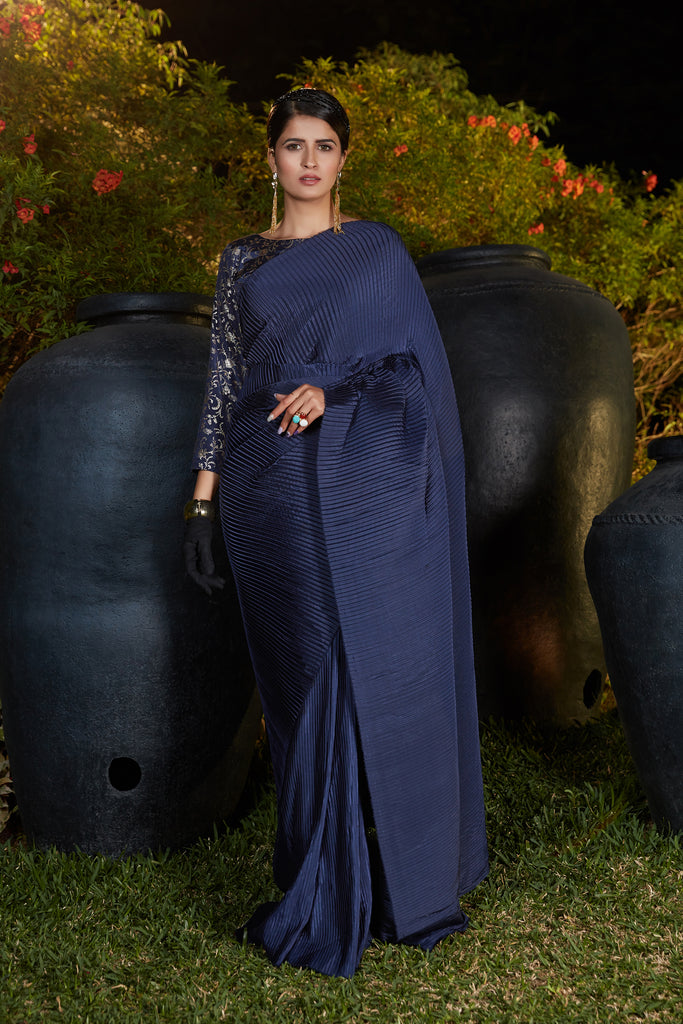 Navy Blue Pleated Foil Work Silk Party Wear Saree With Blouse ClothsVilla