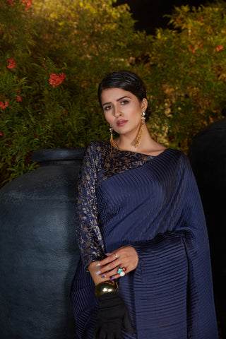 Navy Blue Pleated Foil Work Silk Party Wear Saree With Blouse ClothsVilla