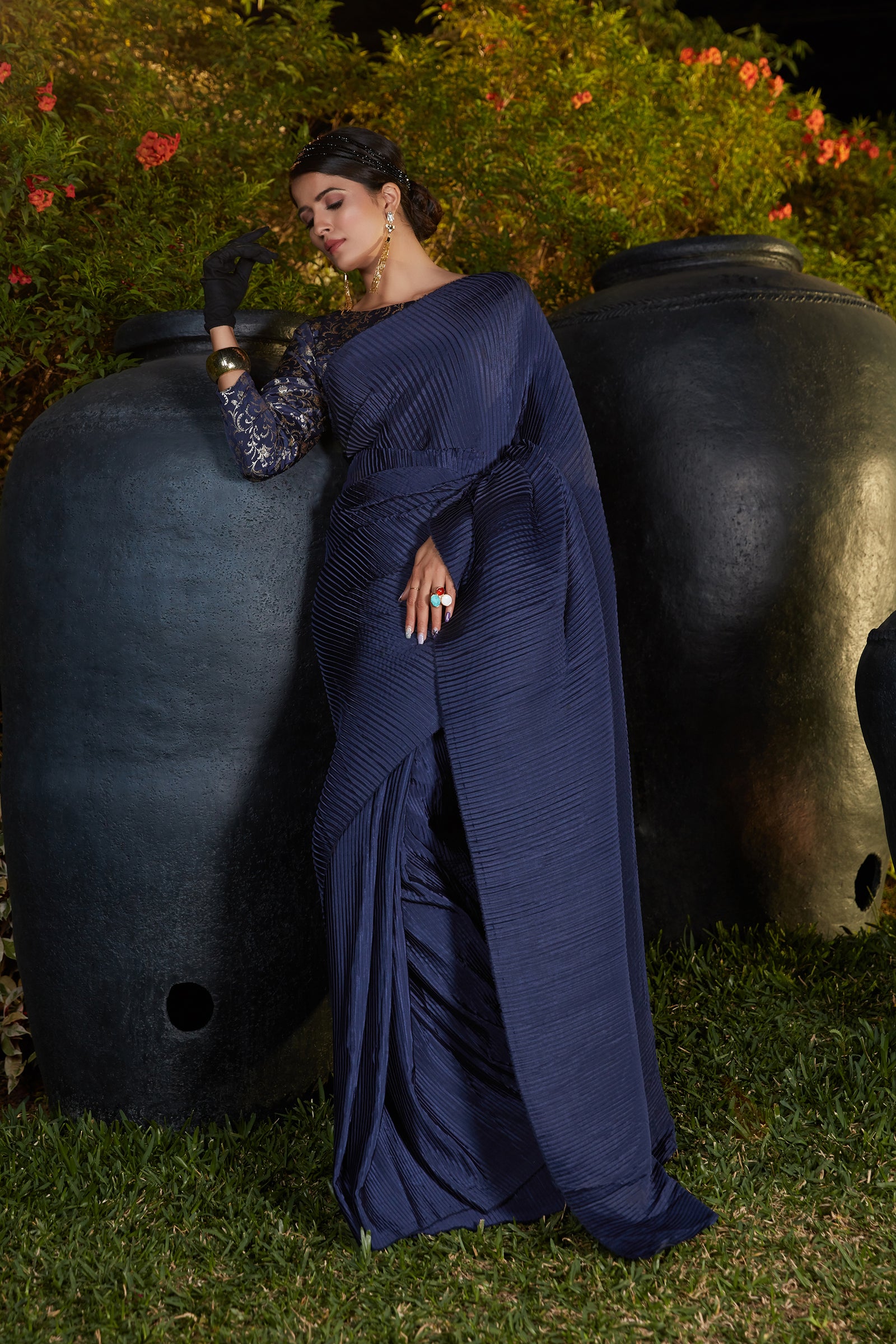 Navy Blue Pleated Foil Work Silk Party Wear Saree With Blouse ClothsVilla