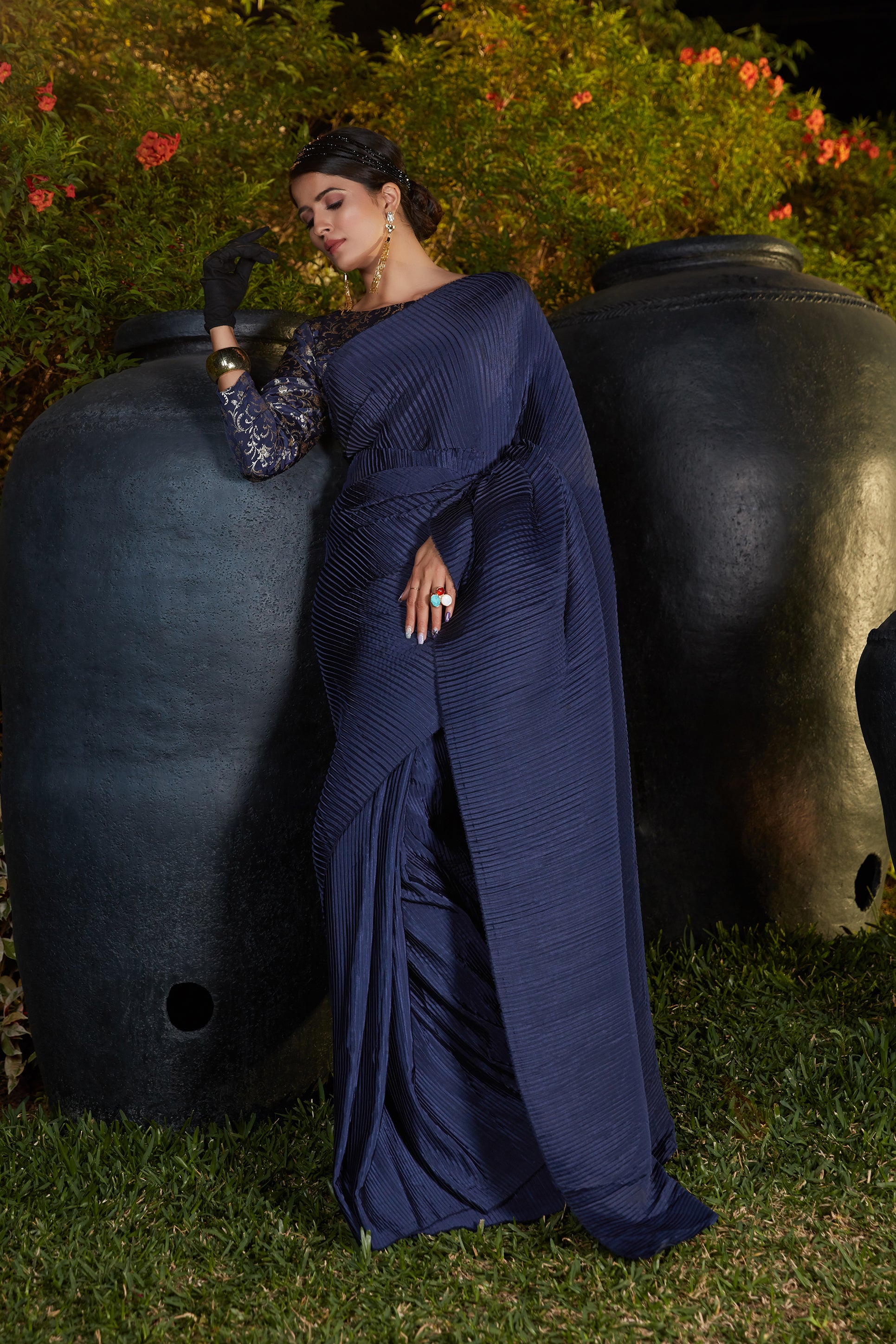 Navy Blue Pleated Foil Work Silk Party Wear Saree With Blouse ClothsVilla