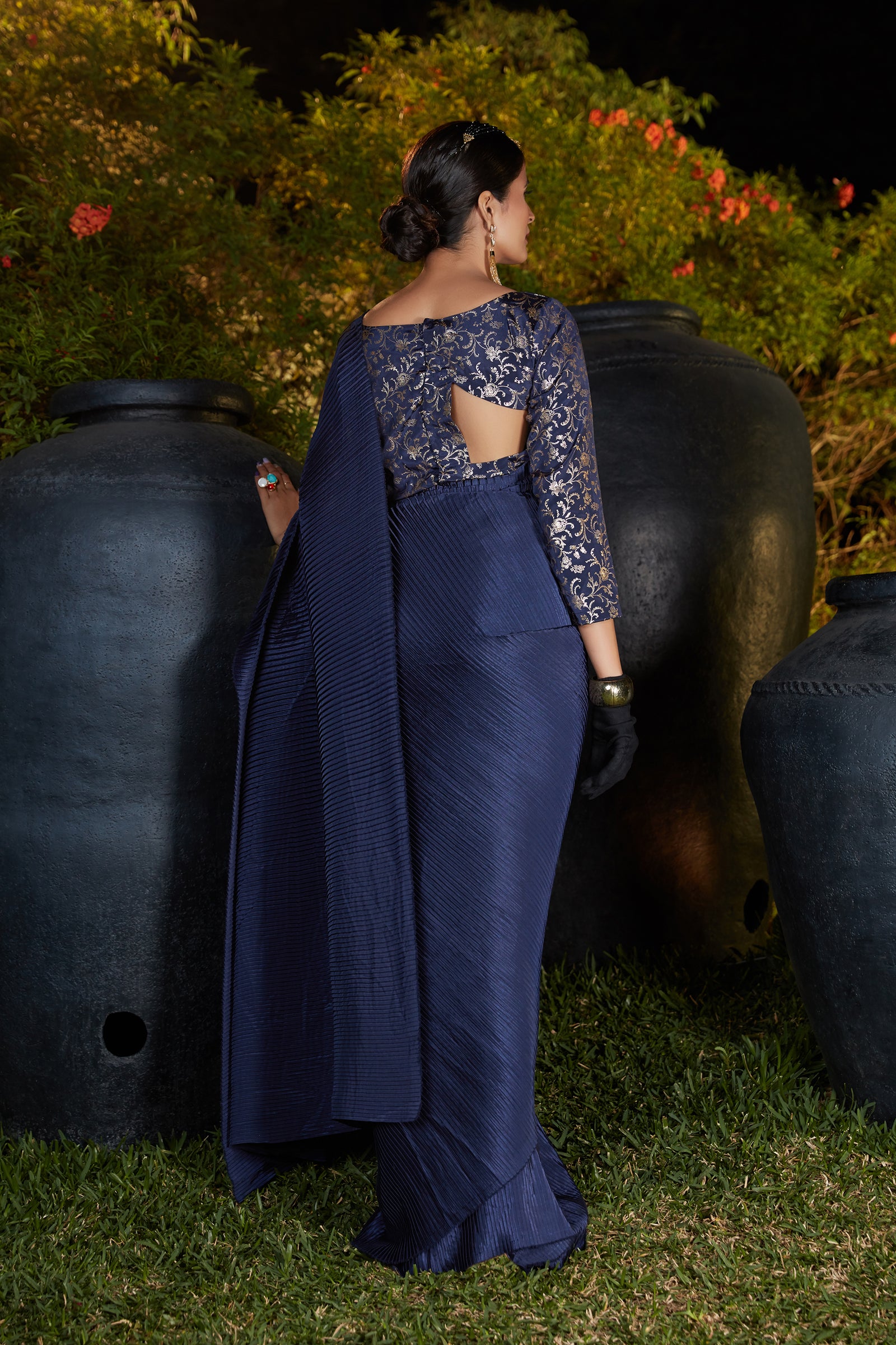 Navy Blue Pleated Foil Work Silk Party Wear Saree With Blouse ClothsVilla