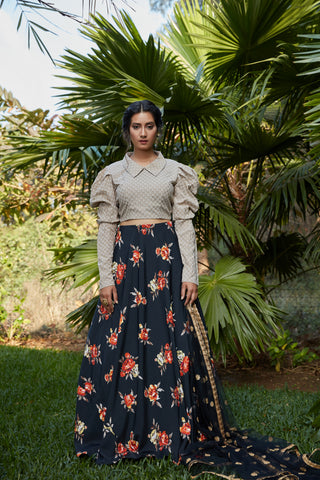 Navy Blue Printed Crepe Party Wear Lehenga Choli With Dupatta ClothsVilla