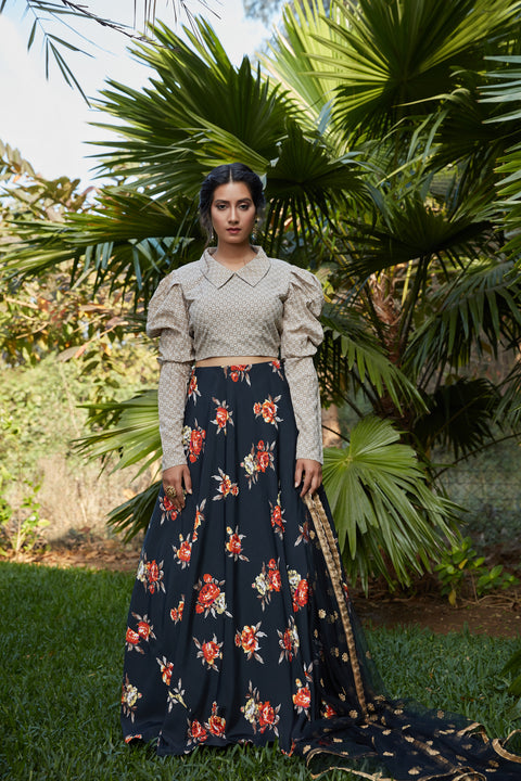 Navy Blue Printed Crepe Party Wear Lehenga Choli With Dupatta ClothsVilla Main image