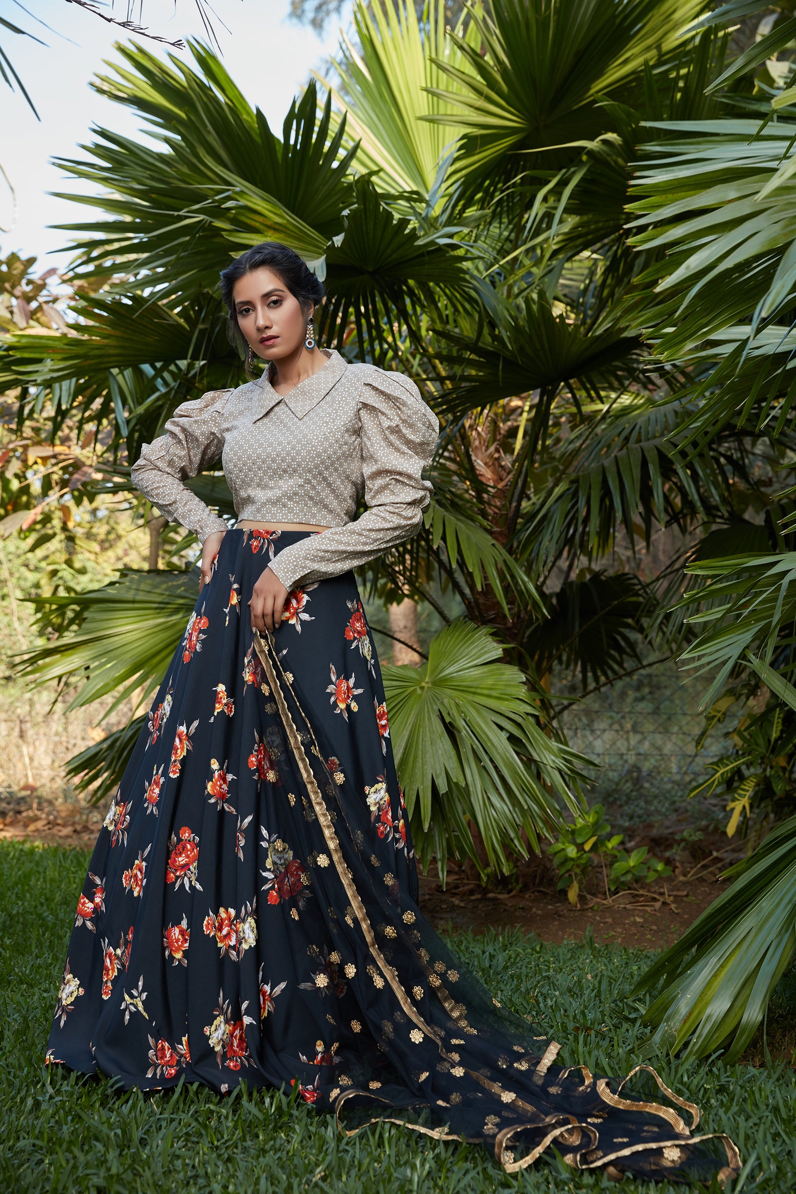 Navy Blue Printed Crepe Party Wear Lehenga Choli With Dupatta ClothsVilla