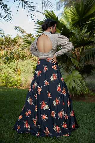 Navy Blue Printed Crepe Party Wear Lehenga Choli With Dupatta ClothsVilla