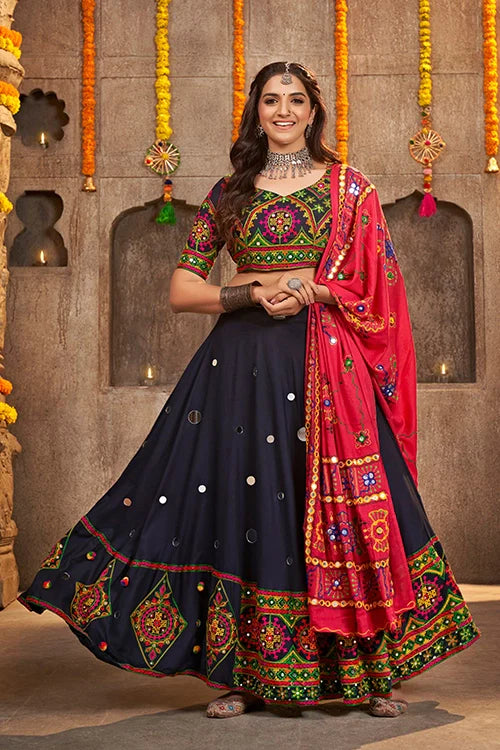 Navy Blue Rayon Embroidered with mirror Work Navratri Chaniya Choli ClothsVilla.com