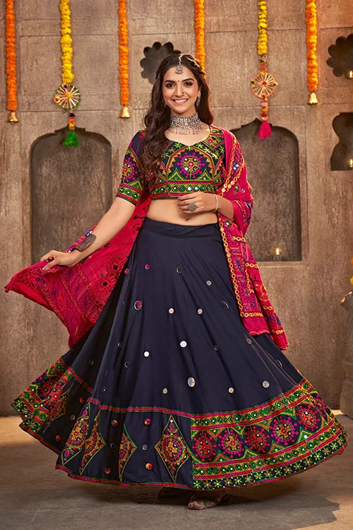 Navy Blue Rayon Embroidered with mirror Work Navratri Chaniya Choli ClothsVilla.com
