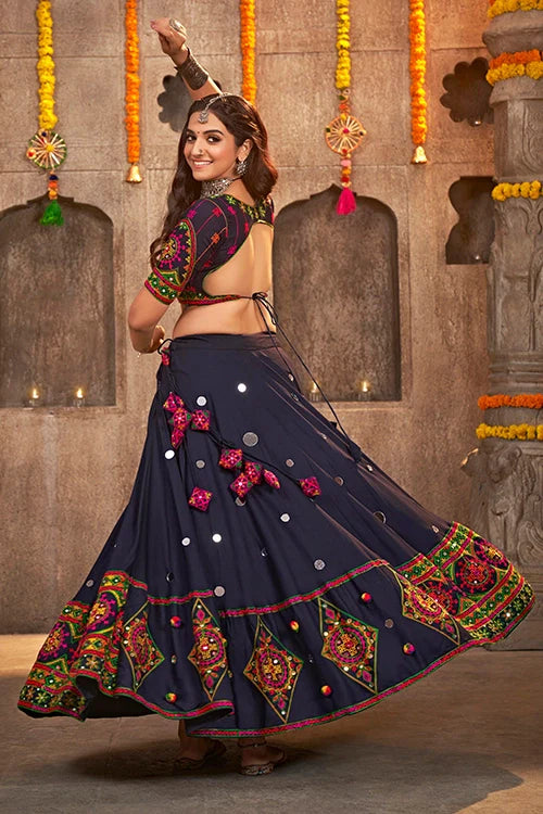 Navy Blue Rayon Embroidered with mirror Work Navratri Chaniya Choli ClothsVilla.com