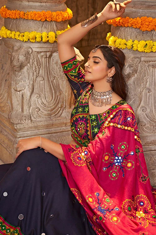 Navy Blue Rayon Embroidered with mirror Work Navratri Chaniya Choli ClothsVilla.com