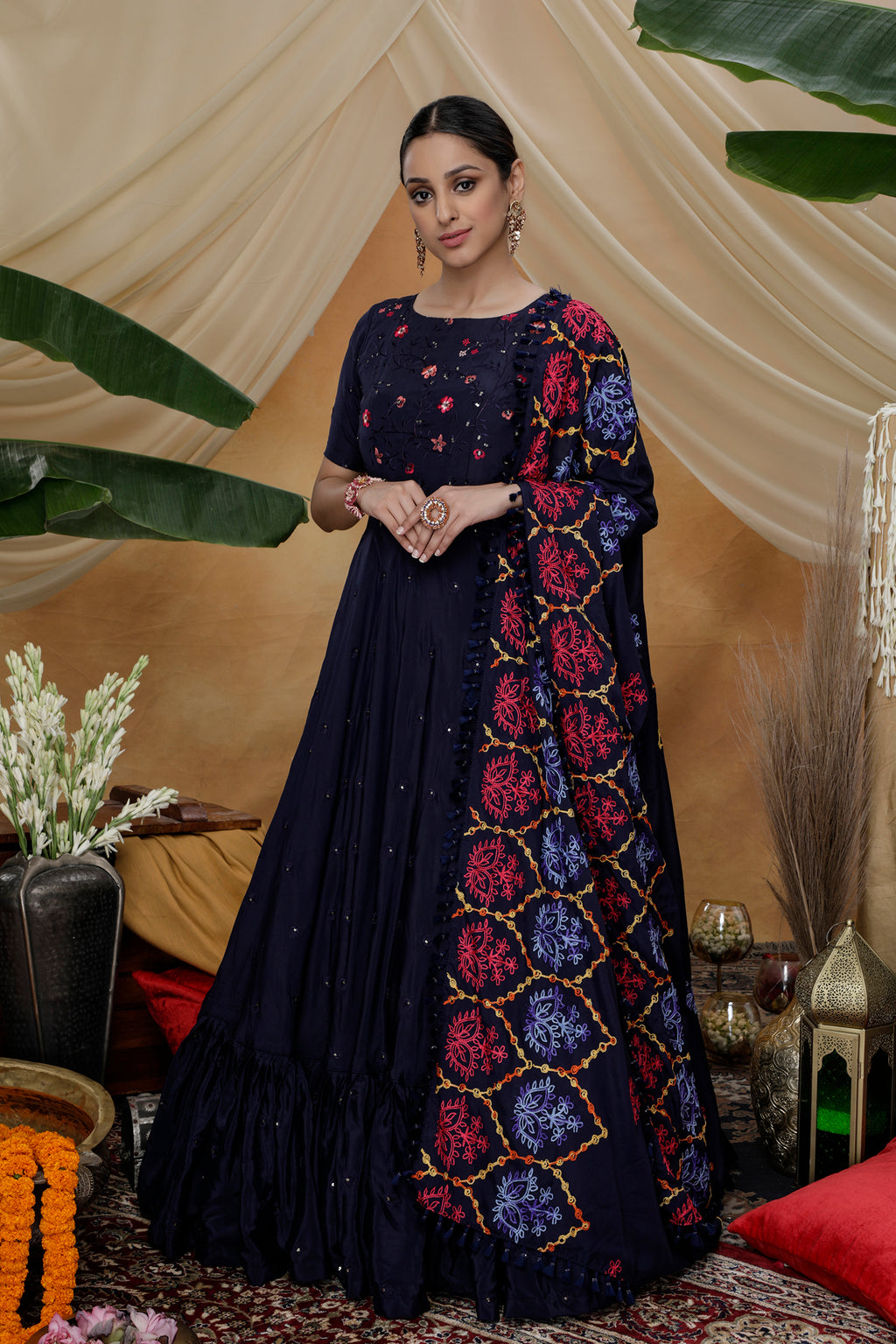 Navy Blue Resham Sequins Work Georgette Silk Anarkali Salwar Suit ClothsVilla