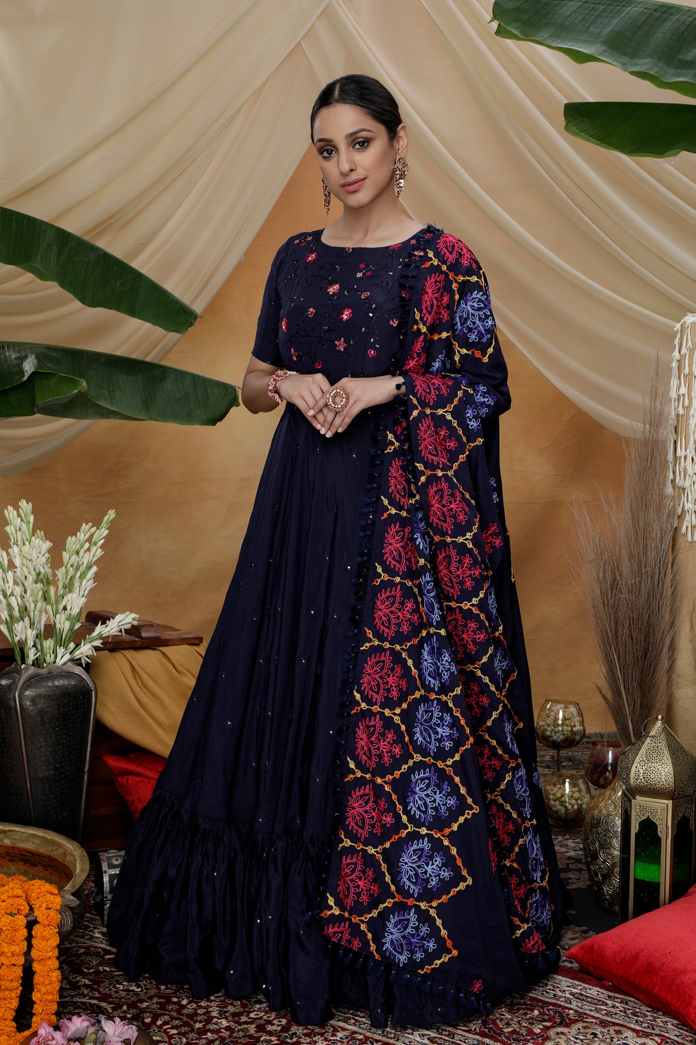 Designer Neavy Blue Anarkali Gown With Designer Mirror Work Dupatta
