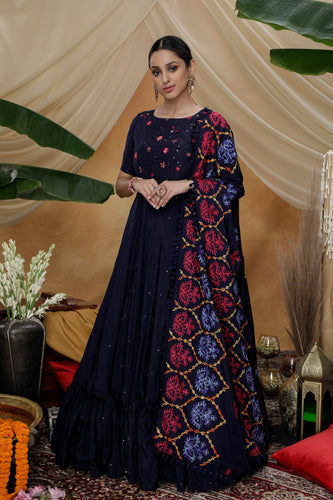 Navy Blue Resham Sequins Work Georgette Silk Anarkali Salwar Suit ClothsVilla