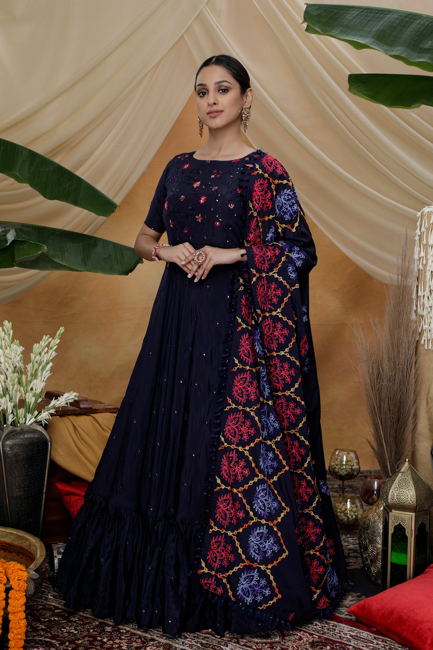 Navy Blue Resham Sequins Work Georgette Silk Anarkali Salwar Suit ClothsVilla