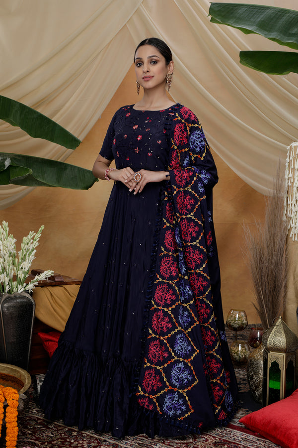 Navy Blue Resham Sequins Work Georgette Silk Anarkali Salwar Suit ClothsVilla
