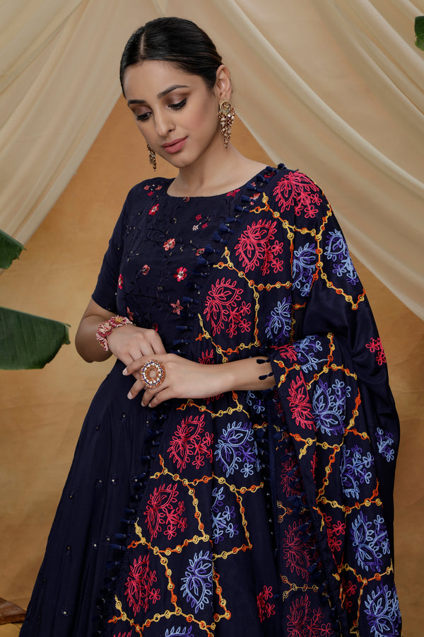 Navy Blue Resham Sequins Work Georgette Silk Anarkali Salwar Suit ClothsVilla