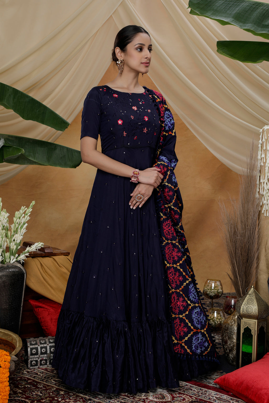 Navy Blue Resham Sequins Work Georgette Silk Anarkali Salwar Suit ClothsVilla