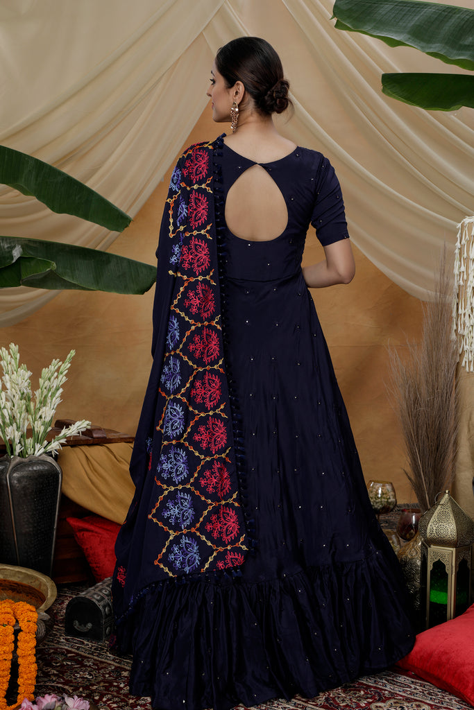 Navy Blue Resham Sequins Work Georgette Silk Anarkali Salwar Suit ClothsVilla