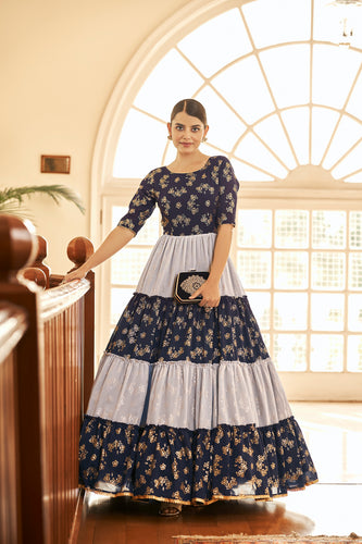Navy Blue Semi Stitched Georgette Foil Print Long Gown ClothsVilla