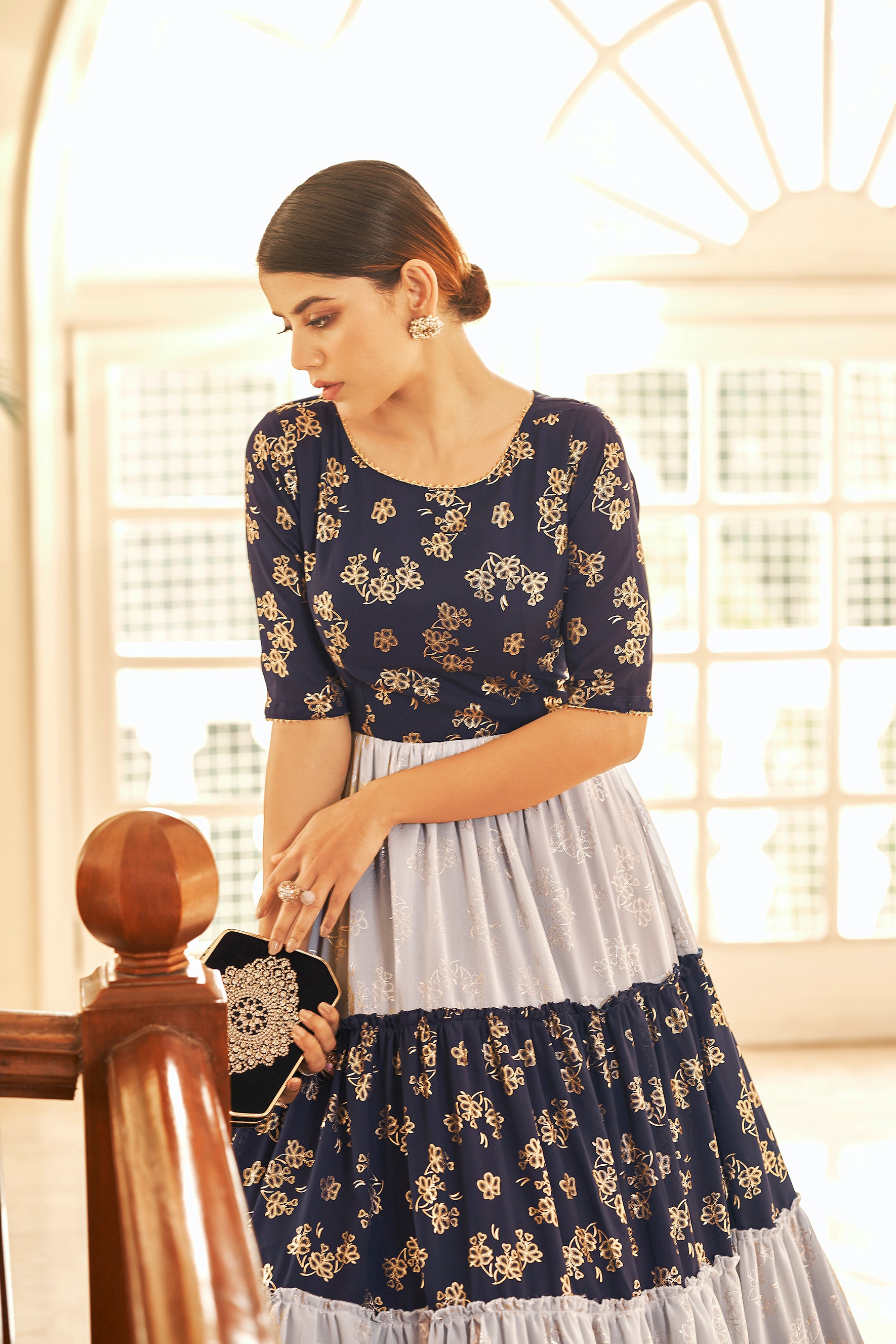 Navy Blue Semi Stitched Georgette Foil Print Long Gown ClothsVilla