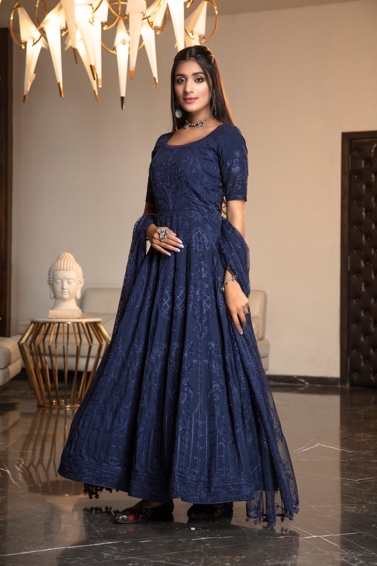 Navy Blue Stone Thread Embroidered Georgette Party Wear Anarkali Gown ClothsVilla Main image