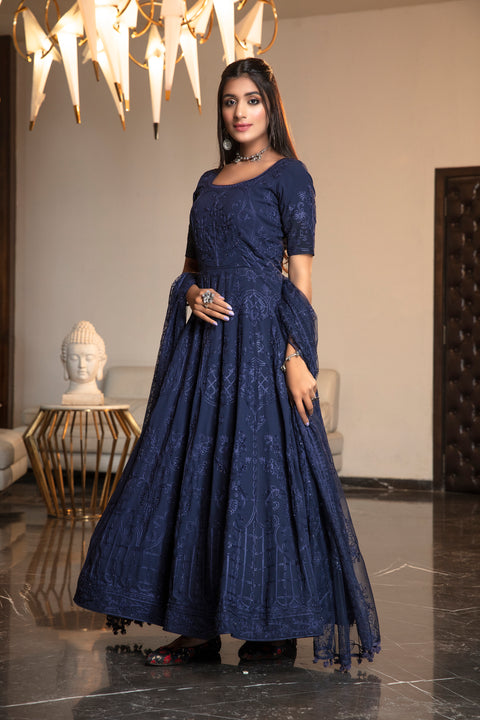 Navy Blue Stone Thread Embroidered Georgette Party Wear Anarkali Gown ClothsVilla Main image