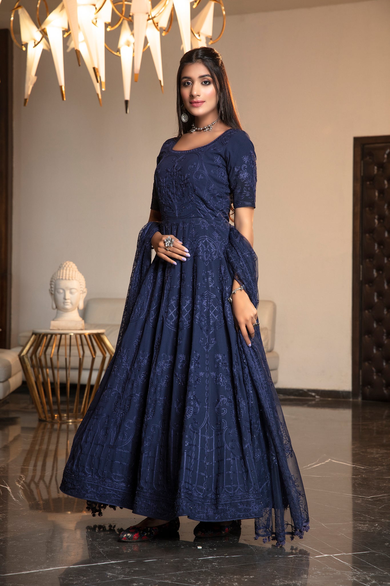 Amazing Navy Blue Color Georgette Casual Wear Gown