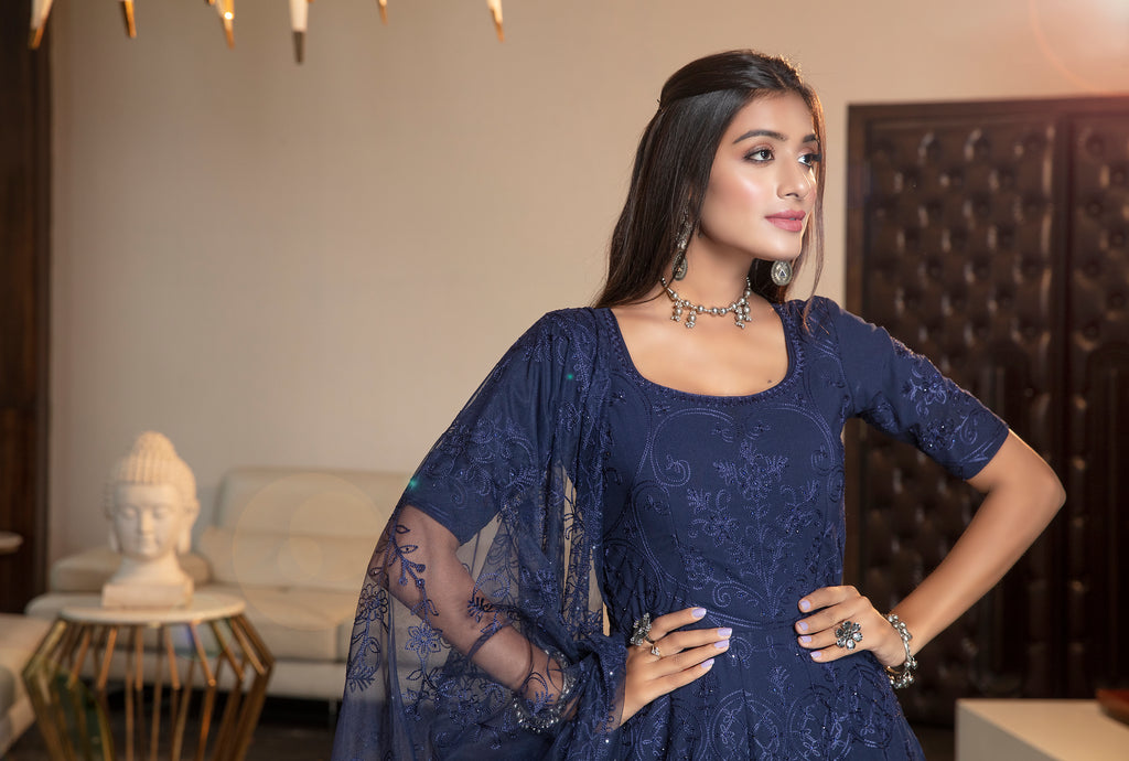 Navy Blue Stone Thread Embroidered Georgette Party Wear Anarkali Gown ClothsVilla