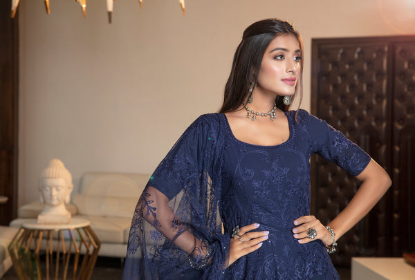 Navy Blue Stone Thread Embroidered Georgette Party Wear Anarkali Gown ClothsVilla