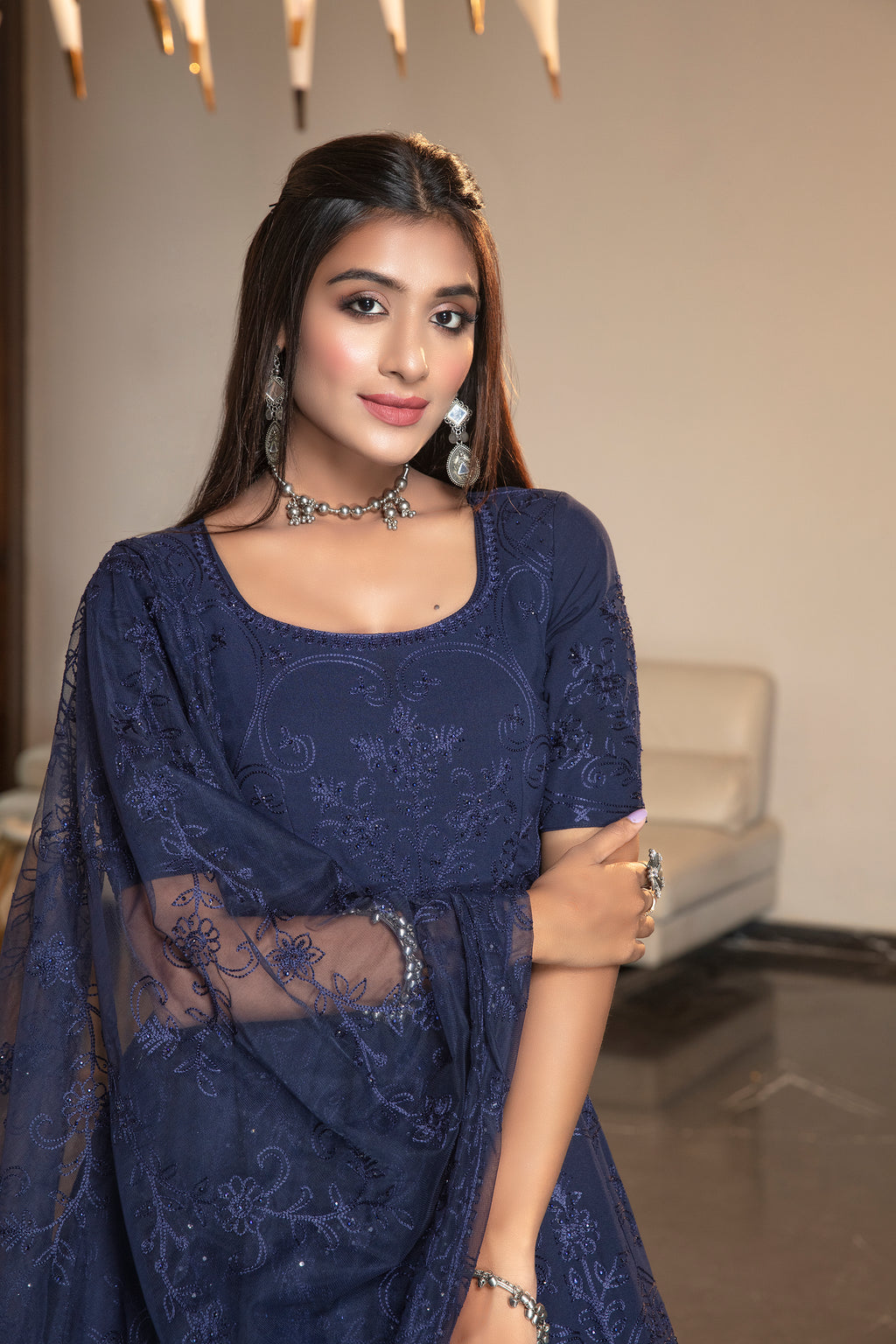 Navy Blue Stone Thread Embroidered Georgette Party Wear Anarkali Gown ClothsVilla