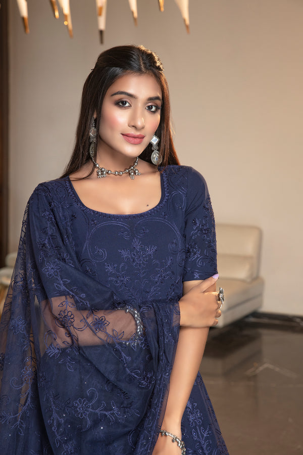 Navy Blue Stone Thread Embroidered Georgette Party Wear Anarkali Gown ClothsVilla