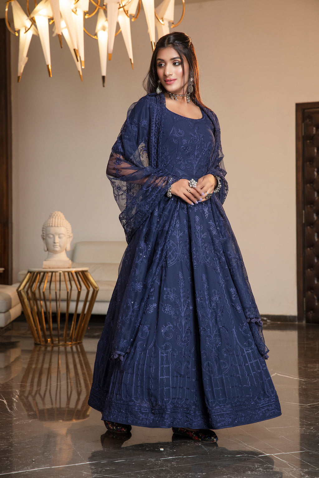 Navy Blue Stone Thread Embroidered Georgette Party Wear Anarkali Gown ClothsVilla