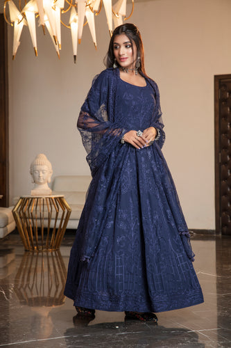 Navy Blue Stone Thread Embroidered Georgette Party Wear Anarkali Gown ClothsVilla
