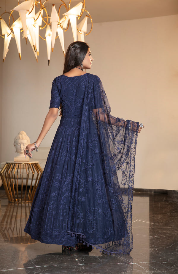 Navy Blue Stone Thread Embroidered Georgette Party Wear Anarkali Gown ClothsVilla