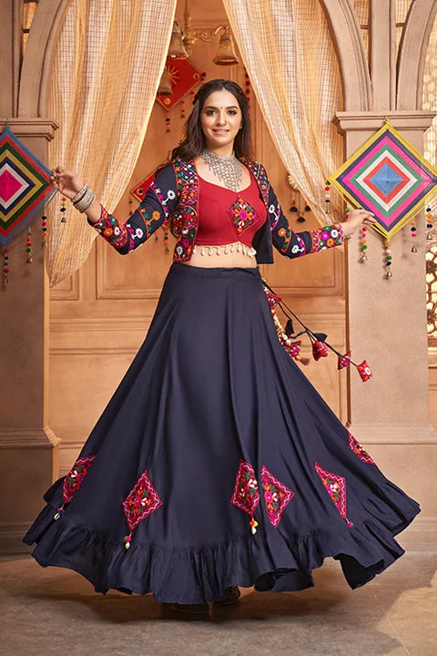 Navy Blue Stylish Embroidered Koti Style Chaniya Choli Latest Fashion Navratri Collection ClothsVilla.com Main image