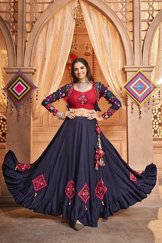 Navy Blue Stylish Embroidered Koti Style Chaniya Choli Latest Fashion Navratri Collection ClothsVilla.com