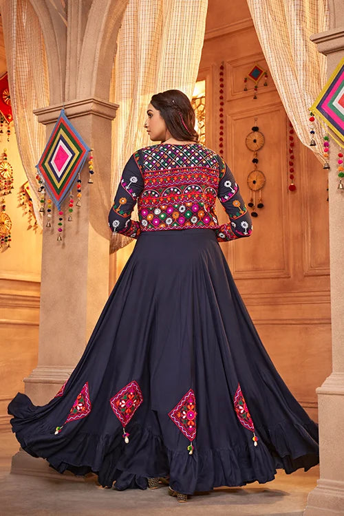 Navy Blue Stylish Embroidered Koti Style Chaniya Choli Latest Fashion Navratri Collection ClothsVilla.com