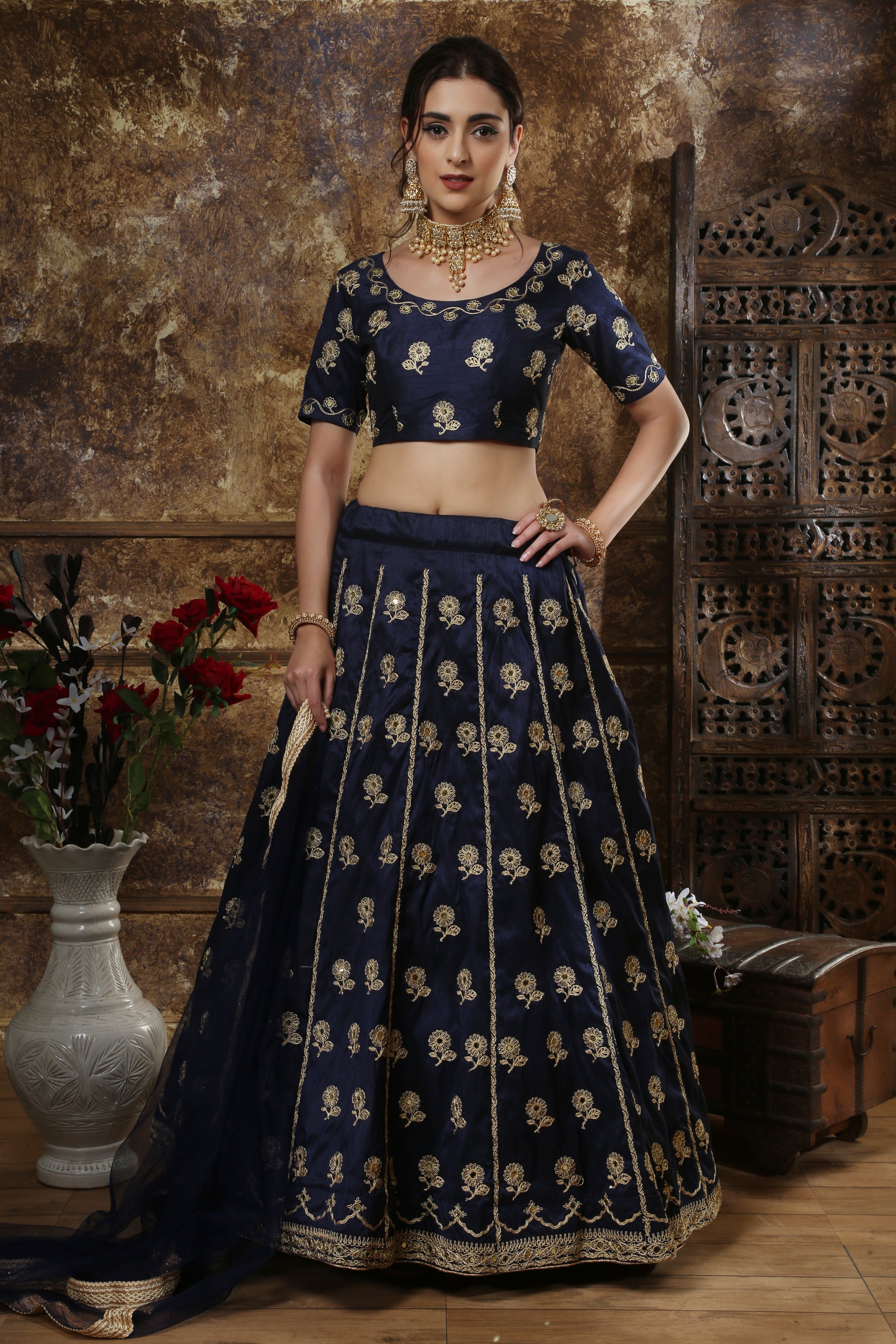 Navy Blue Thai Silk Embroidery And Mirror Work Lehenga Choli ClothsVilla Main image