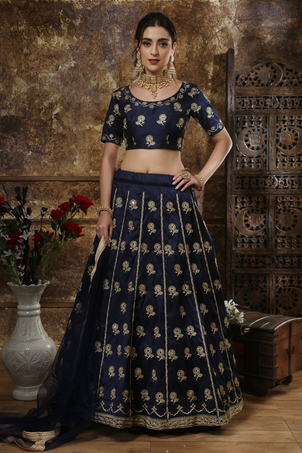 Navy Blue Thai Silk Embroidery And Mirror Work Lehenga Choli ClothsVilla