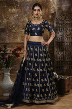 Load image into Gallery viewer, Navy Blue Thai Silk Embroidery And Mirror Work Lehenga Choli ClothsVilla