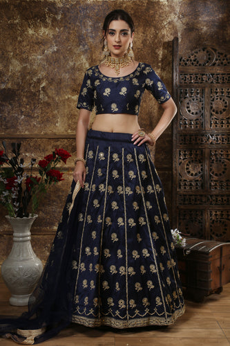 Navy Blue Thai Silk Embroidery And Mirror Work Lehenga Choli ClothsVilla