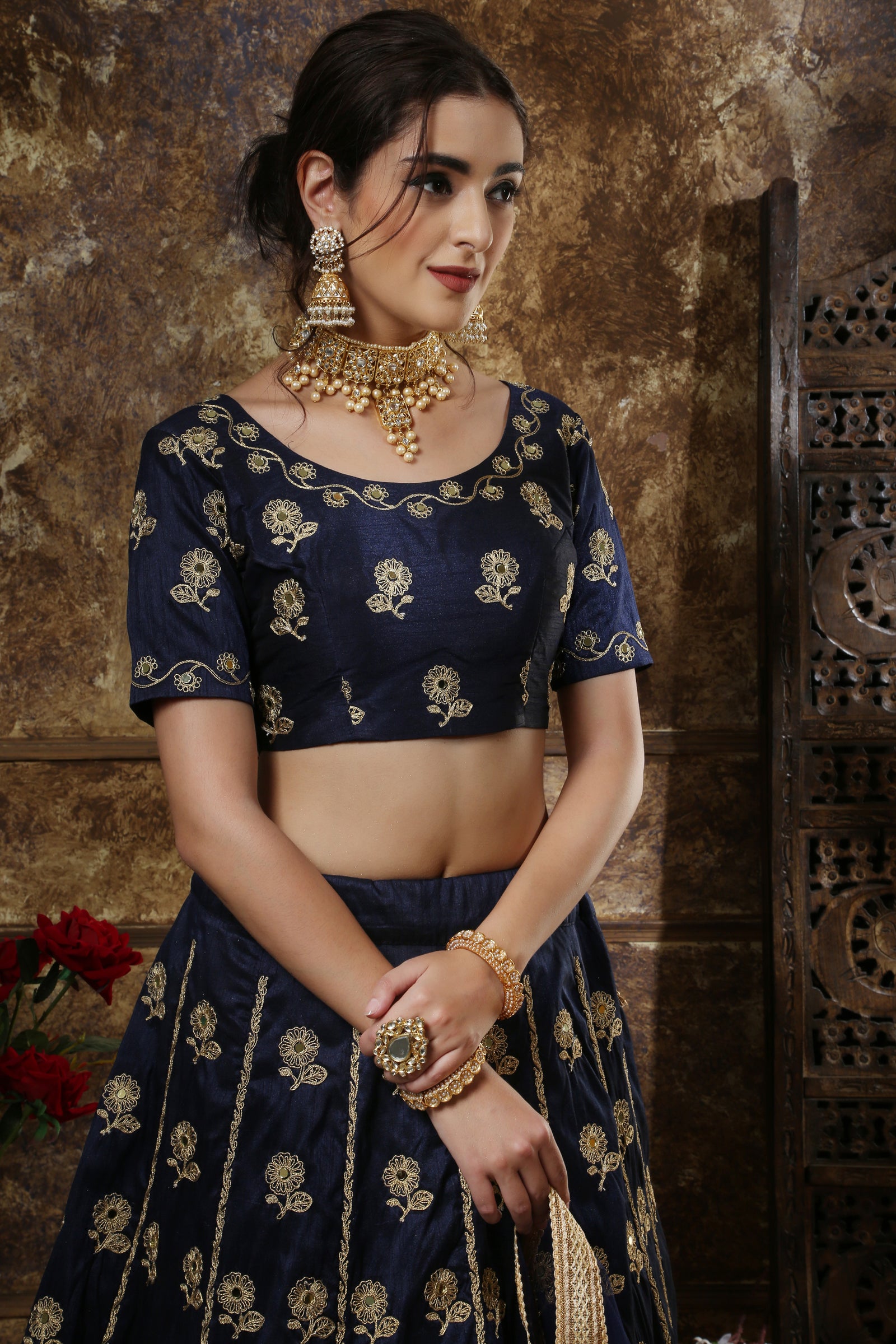 Navy Blue Thai Silk Embroidery And Mirror Work Lehenga Choli ClothsVilla