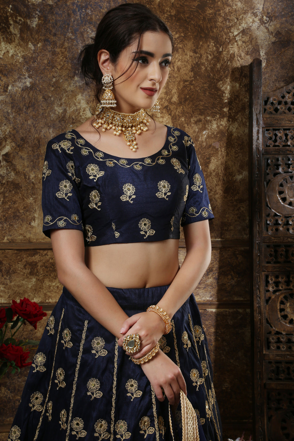 Navy Blue Thai Silk Embroidery And Mirror Work Lehenga Choli ClothsVilla