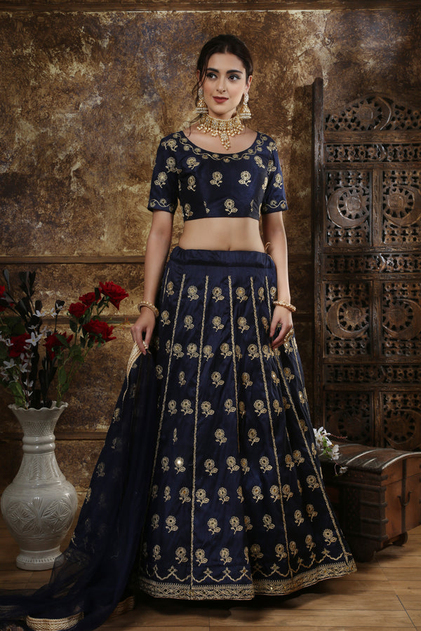 Navy Blue Thai Silk Embroidery And Mirror Work Lehenga Choli ClothsVilla