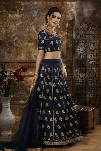 Navy Blue Thai Silk Embroidery And Mirror Work Lehenga Choli ClothsVilla
