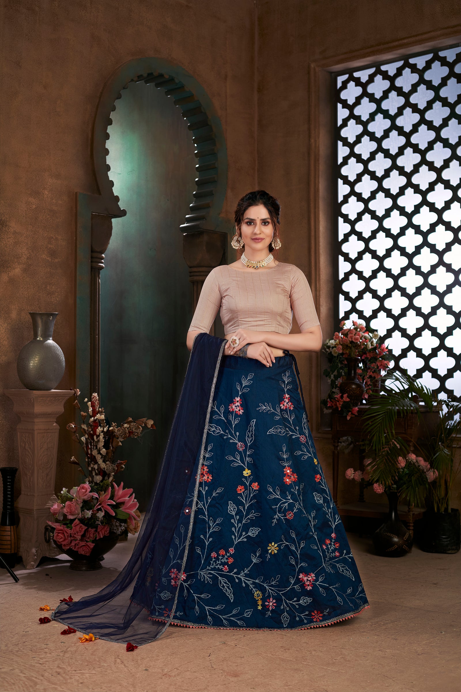 Navy Blue Thread Embroidered Art Silk Semi Stitched Bridal Lehenga ClothsVilla