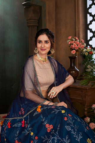 Navy Blue Thread Embroidered Art Silk Semi Stitched Bridal Lehenga ClothsVilla
