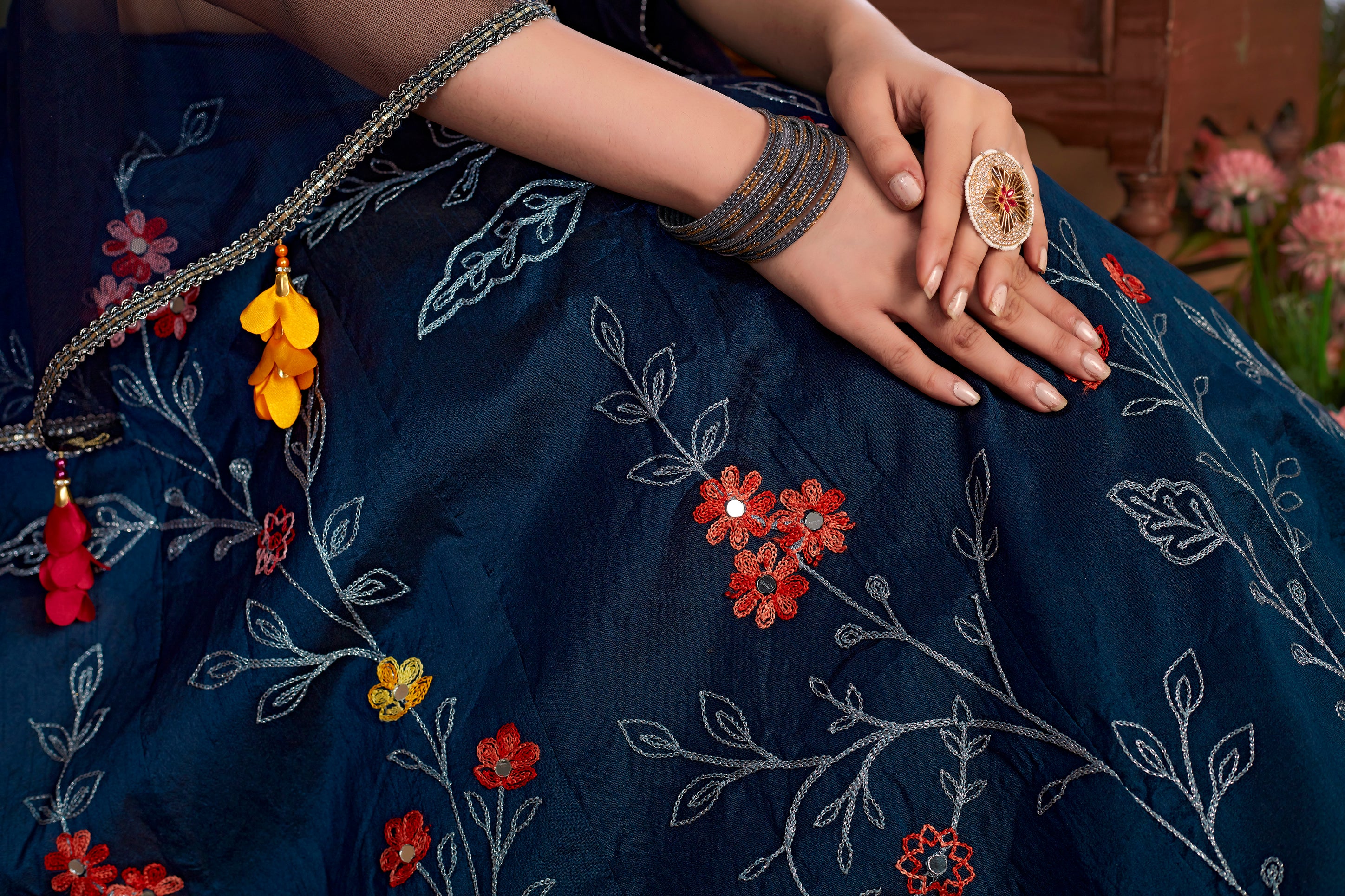 Navy Blue Thread Embroidered Art Silk Semi Stitched Bridal Lehenga ClothsVilla