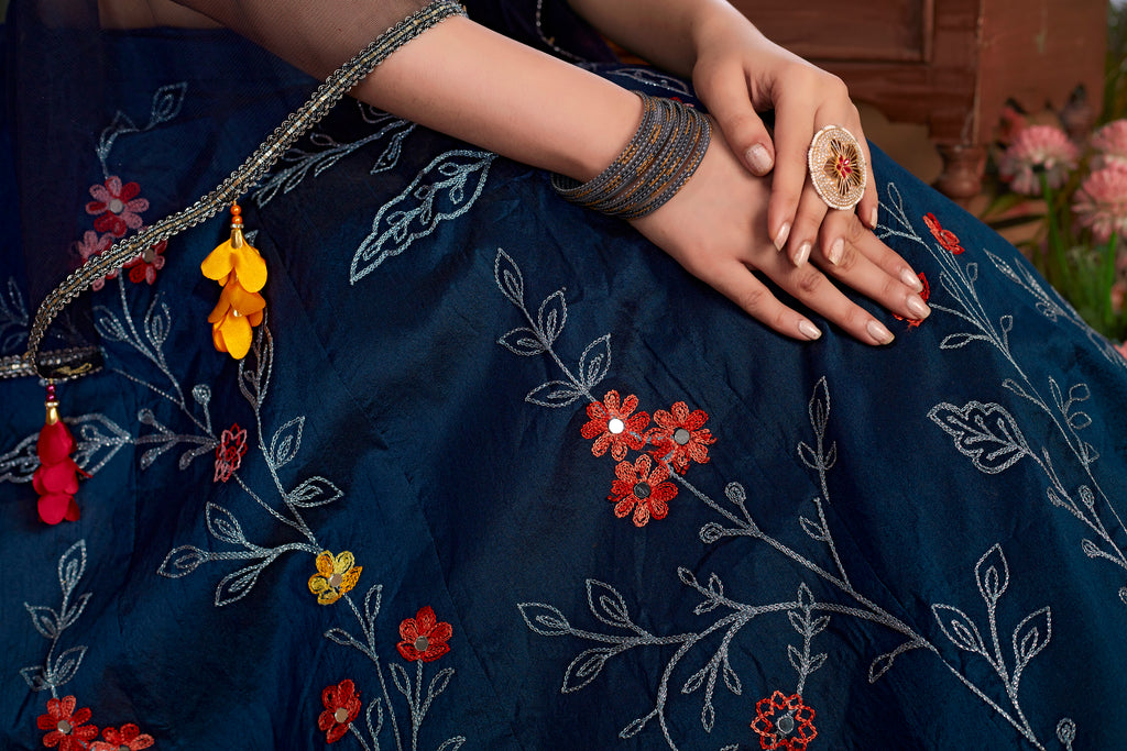 Navy Blue Thread Embroidered Art Silk Semi Stitched Bridal Lehenga ClothsVilla