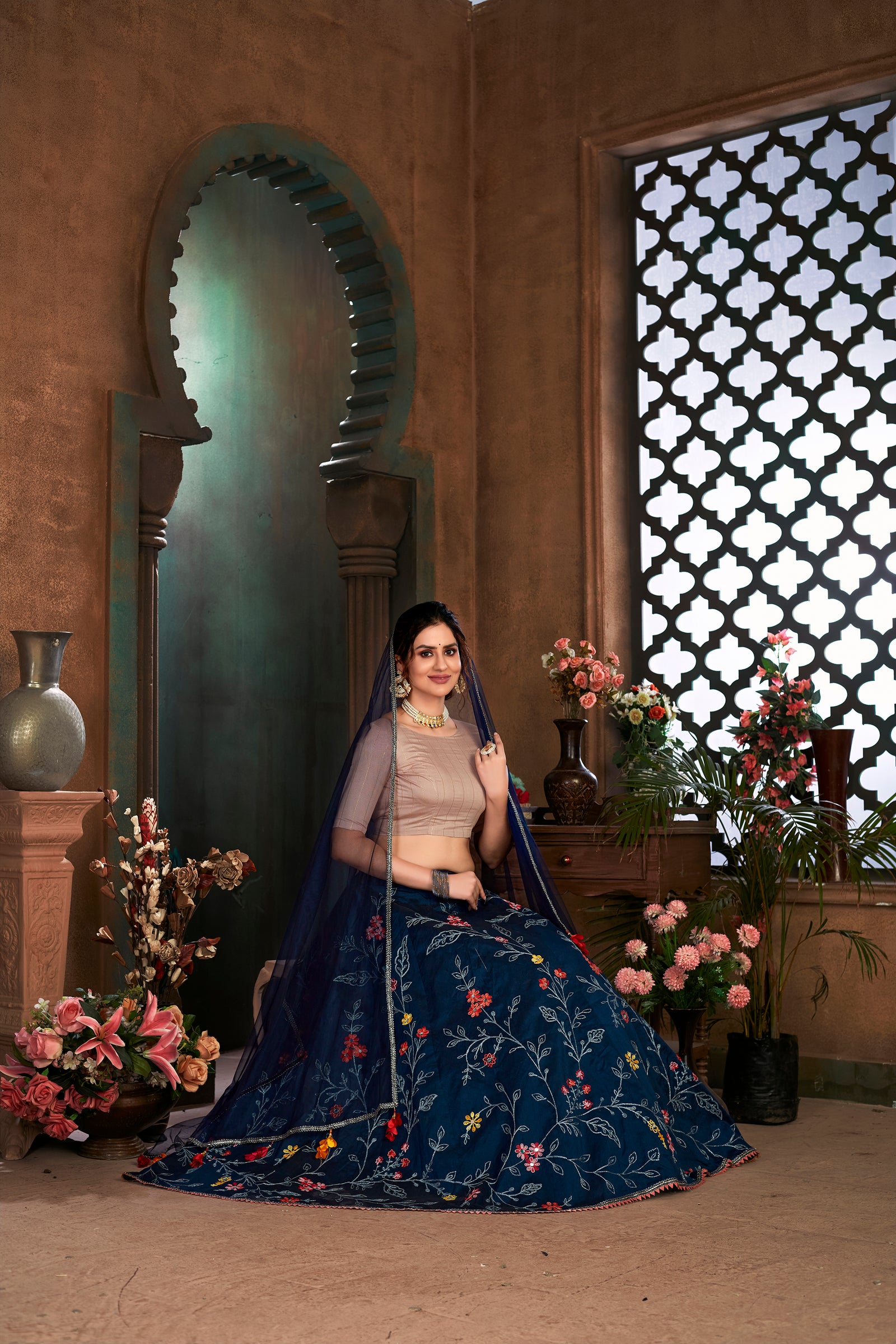 Navy Blue Thread Embroidered Art Silk Semi Stitched Bridal Lehenga ClothsVilla