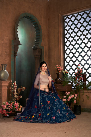 Navy Blue Thread Embroidered Art Silk Semi Stitched Bridal Lehenga ClothsVilla